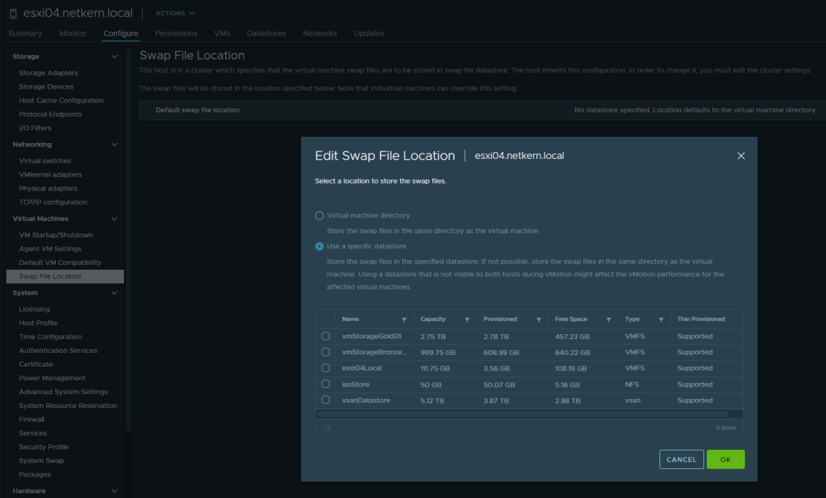 vCenter 7.0 U2: "Swap File Location" cannot be changed to different datastore