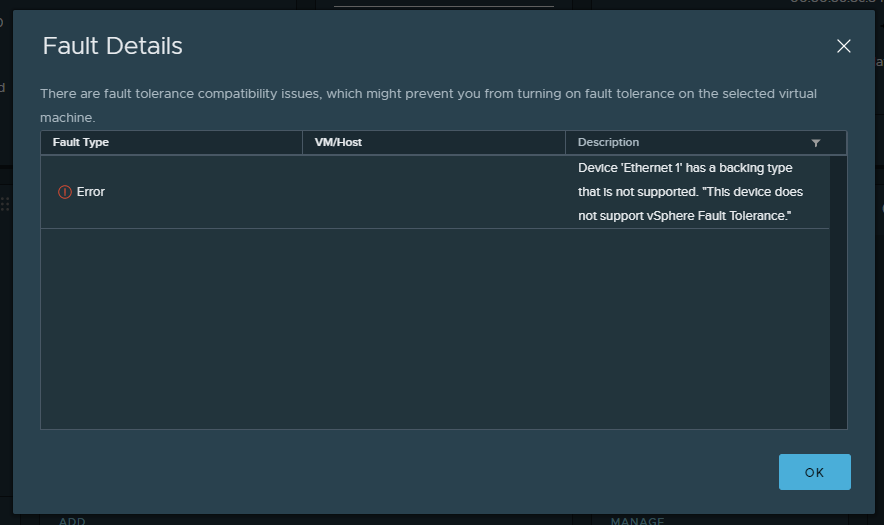 QuickTip: Enabling Fault Tolerance fails with "This device does not support vSphere Fault Tolerance."