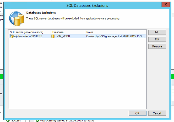 Fenster "SQL Databases-Exclusions" mit eingetragener vCenter-Datenbank (2)