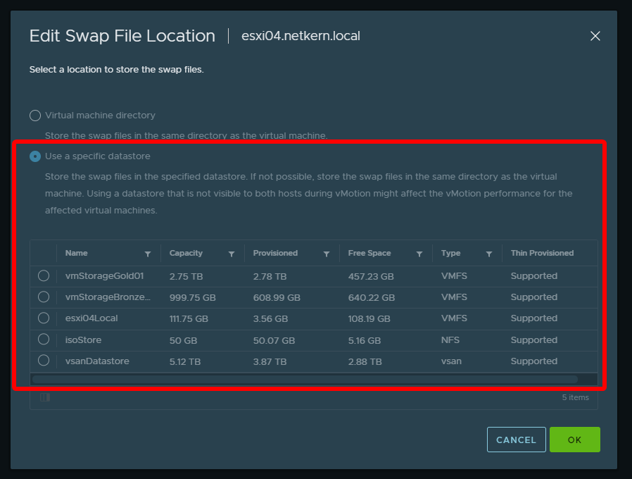 Datastore selection not possible