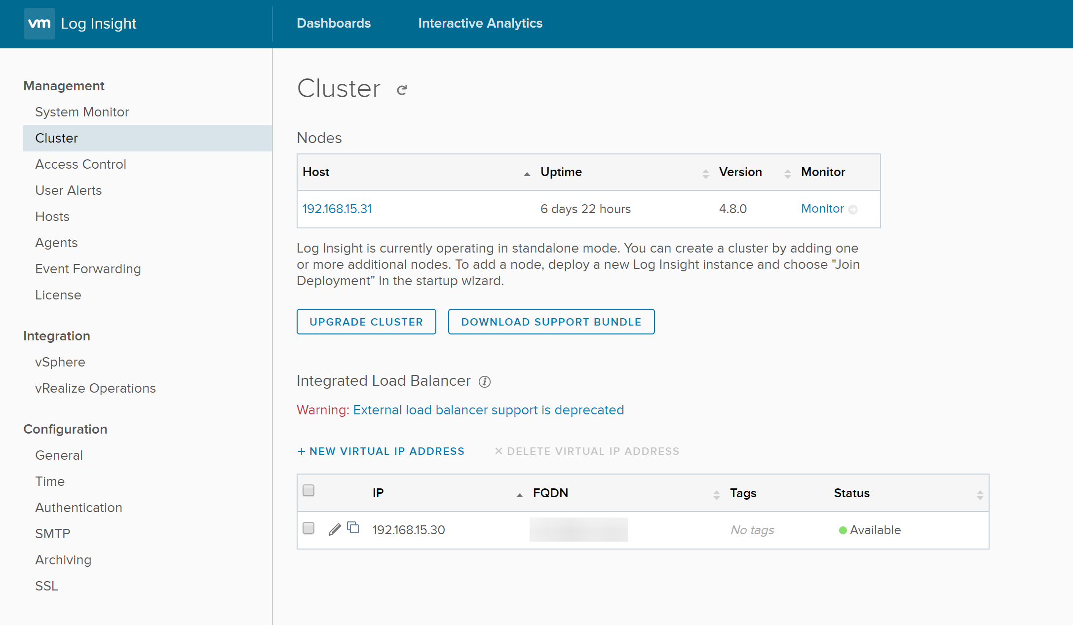 vRLI Cluster Settings