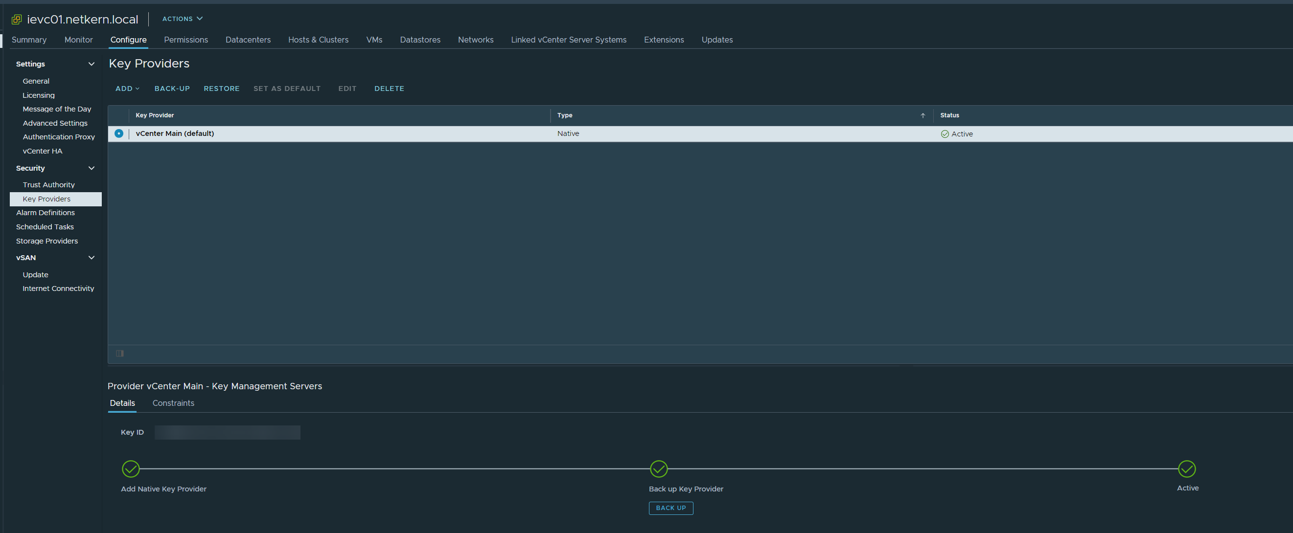VCSA: vSphere Native Key Provider Settings