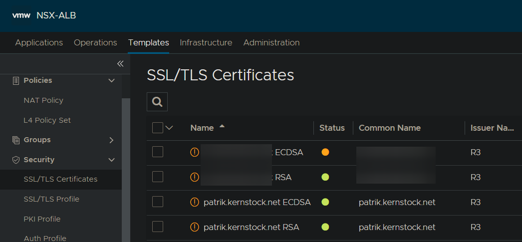 SSL/TLS Certificates List in Controller